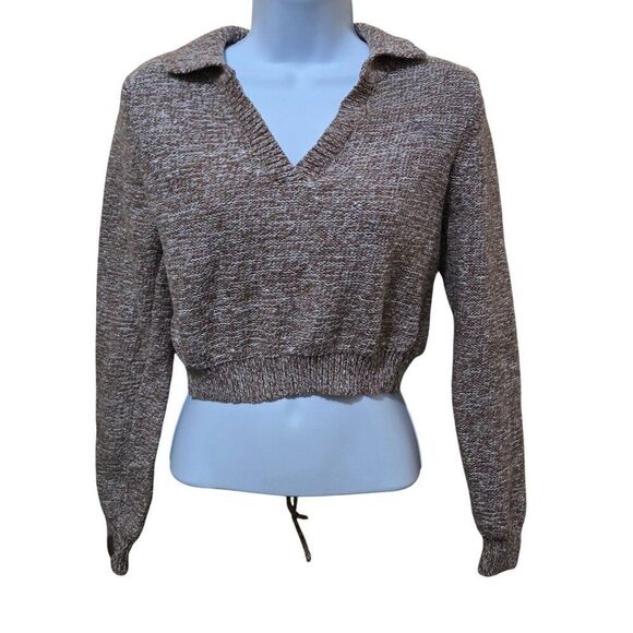 Madden NYC Brown/White Cropped Knit Long Sleeve Sweater Tie Back Detail Collared - Picture 1 of 7